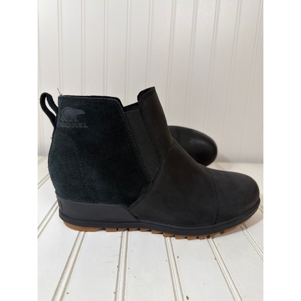 Sorel Evie Pull - On Boot Womens 10 Black Leather Suede Waterproof Wedge Ankle